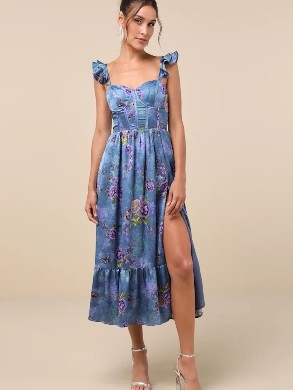 Sweet Like Sangria Blue Floral Ruffled Bustier Midi Dress